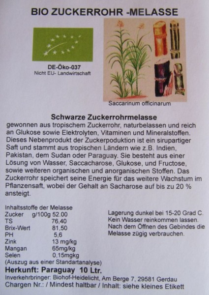 Zuckerrohrmelasse biologisch 10 Liter Kanister Paraguay